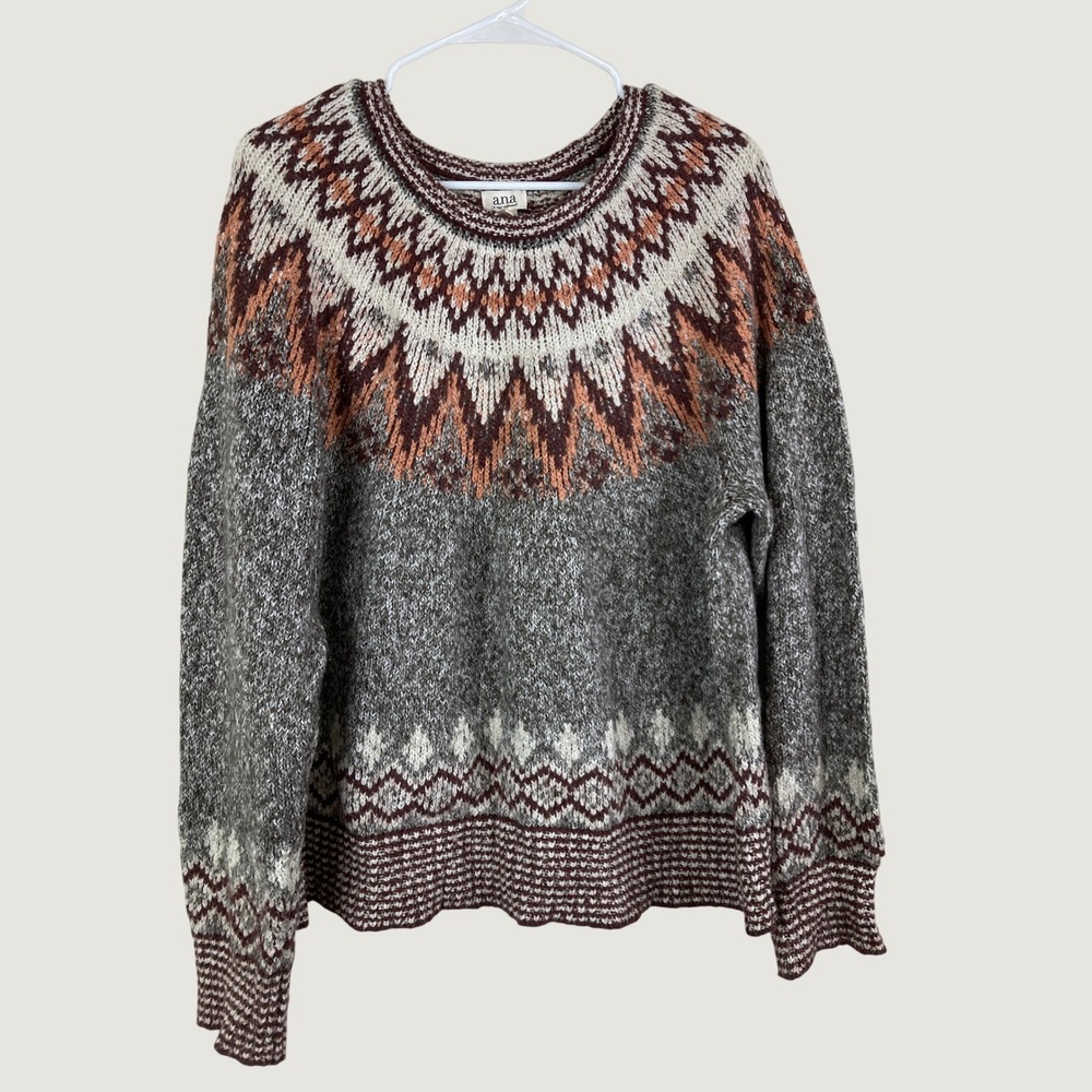 a.n.a Fair Isle Sweater Womens L Grey Brown  Nordic Knit Crew Neck Preppy Boho